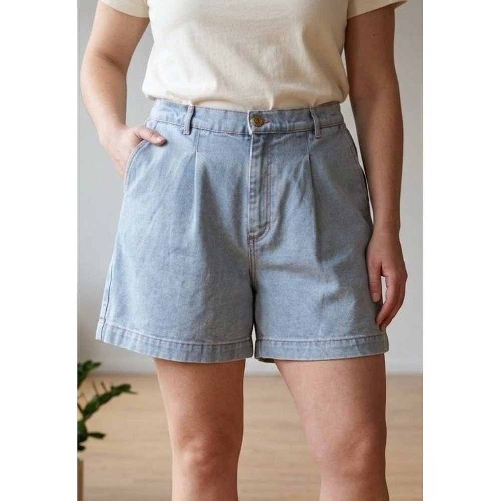 Big Bud Press Denim Trousers Shorts Pleat Front Light Blue Orange Stitch Large
